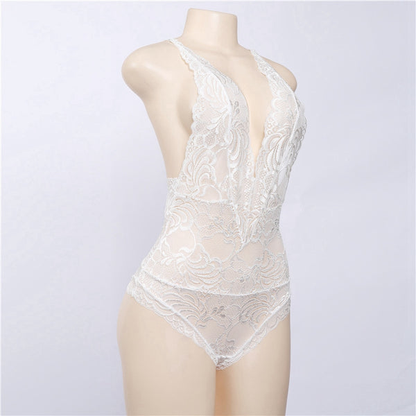 Backless white floral lace leotard